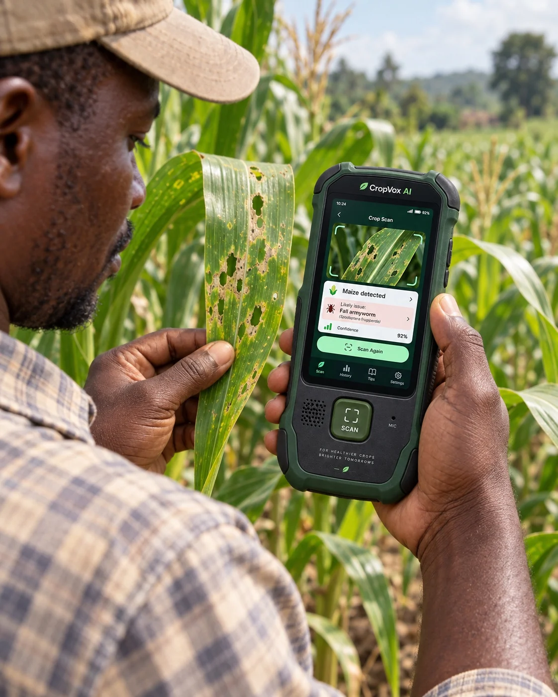 Farmer using CropVox on a damaged maize leaf
